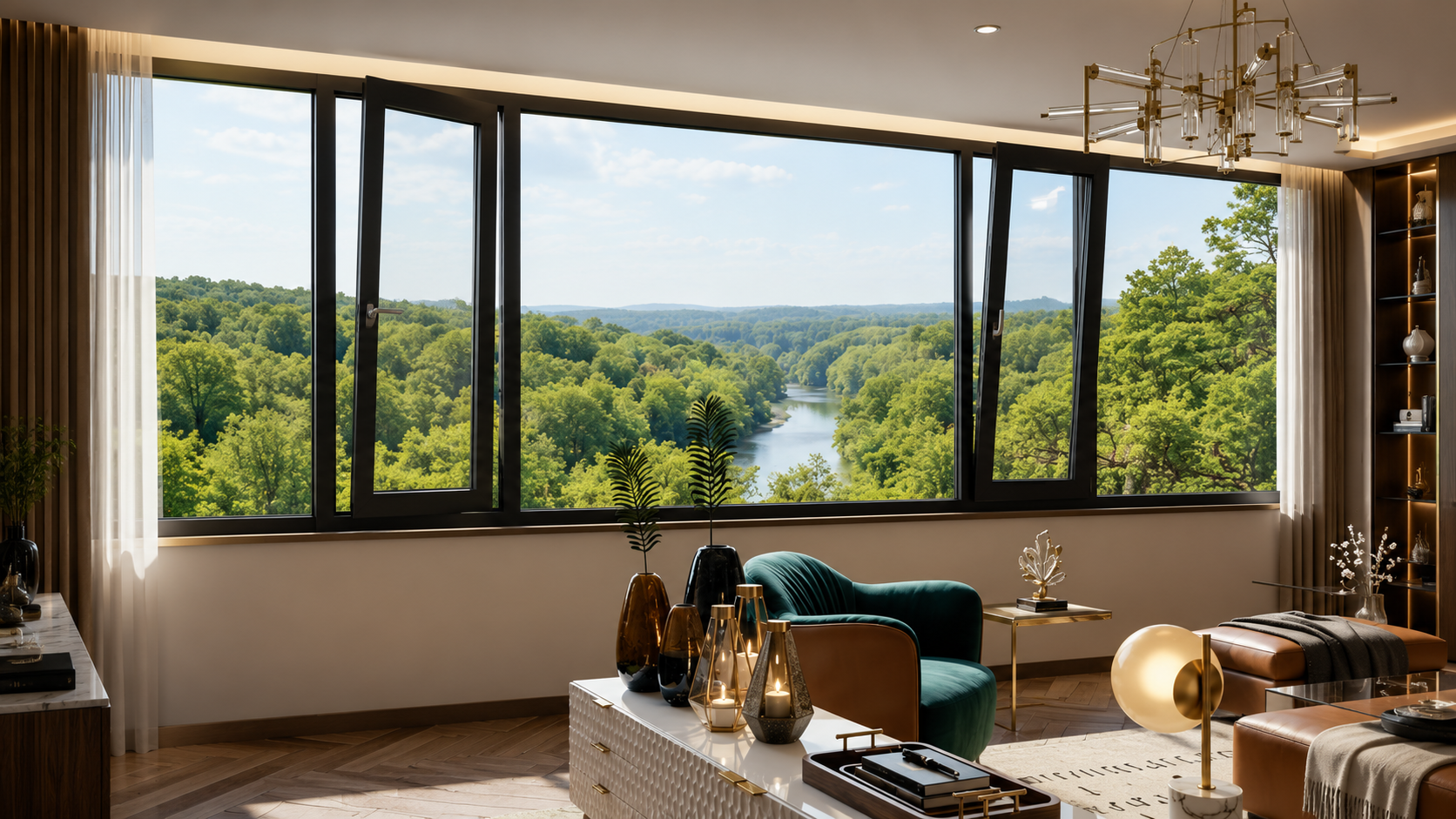 Luxury living room with wide casement aluminium windows